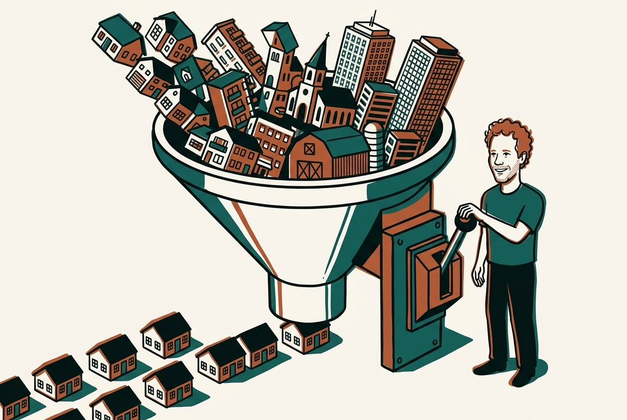 Illustratie van een grote trechter waar allerlei soorten panden in vallen en identieke huisjes in een net raster uit komen, met Coen aan de hendel