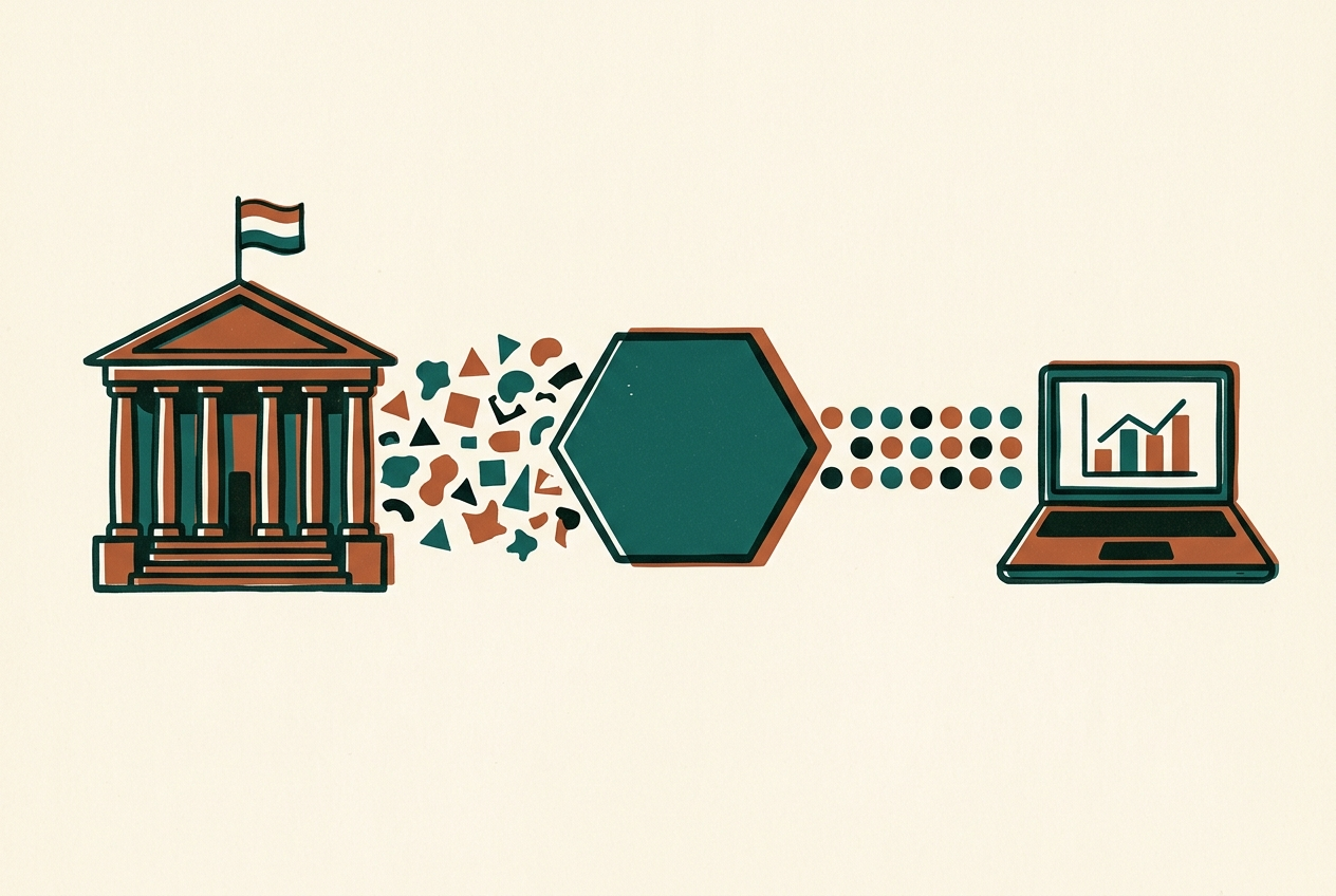 Illustratie van een datastroom die van een overheidsgebouw door een hexagon naar een laptop loopt en onderweg geordend raakt